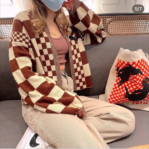 Harry’s Hidden Angels Sweaters - Harry’s Hidden Angels Medium Brown Cream‎ Checkered Cardigan Love On Tour Retro